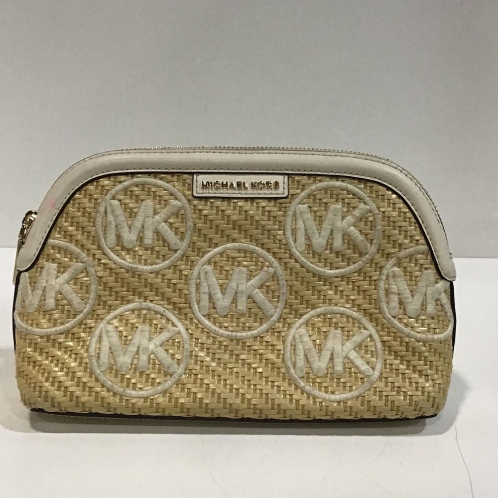 Women’s Michael Kors Tan/Cream Logo Clutch Straw Pouch Cosmetic Bag